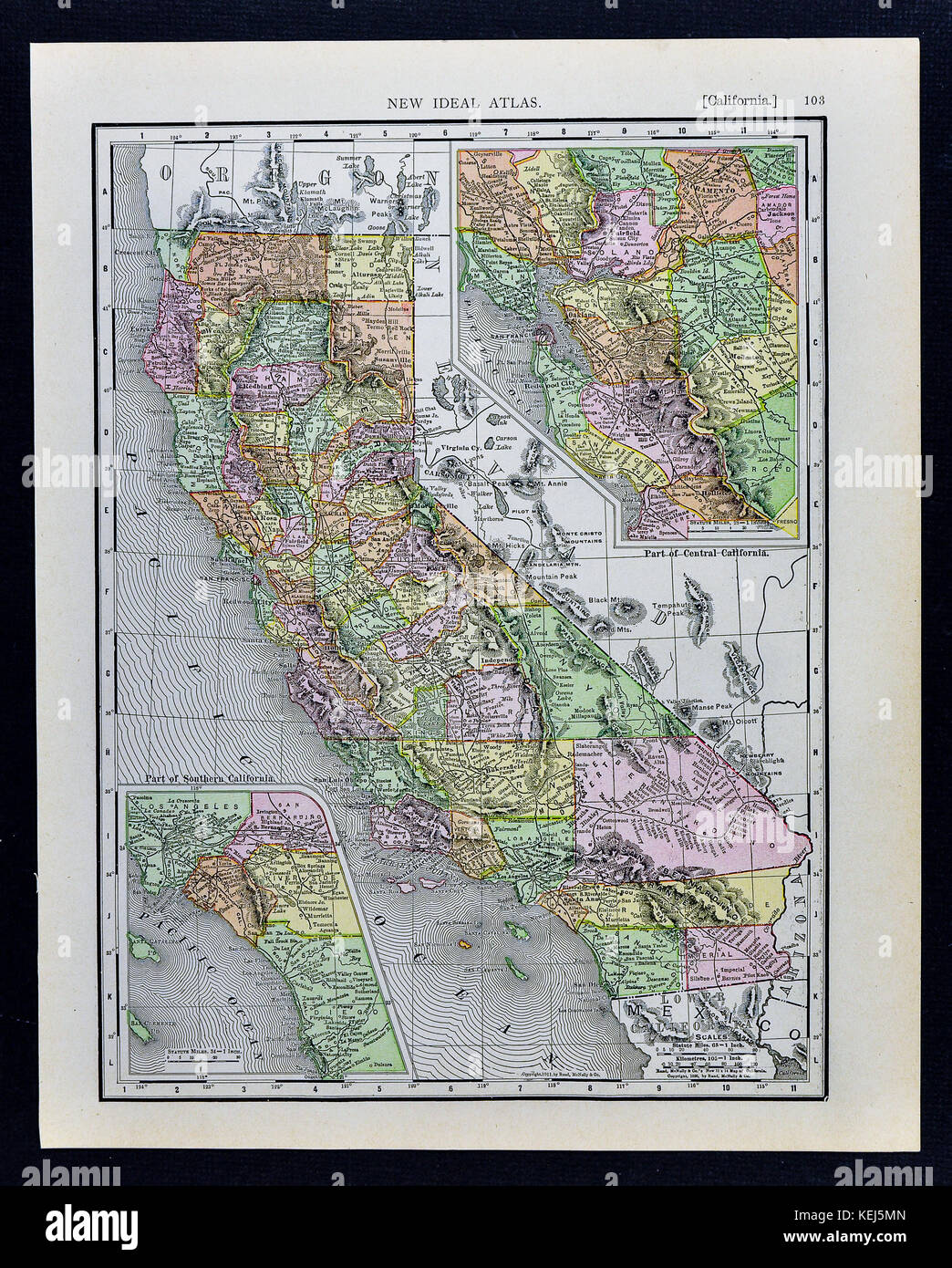 1911 McNally Map - California - San Francisco Los Angeles San Diego Sacramento Yosemite Stock Photo