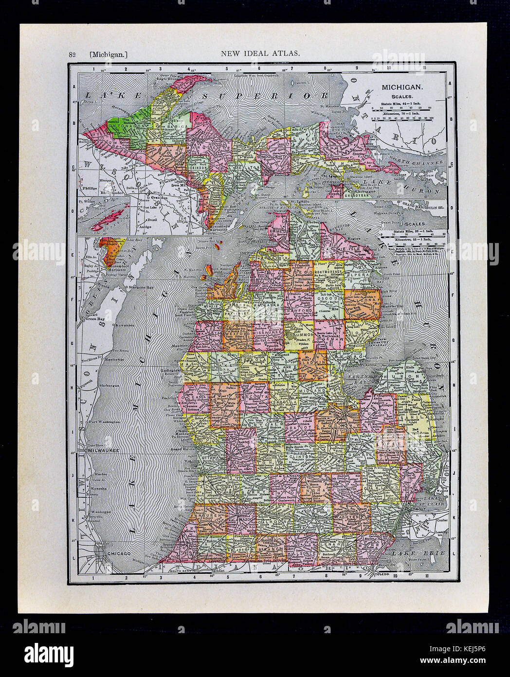 1911 McNally Map - Michigan - Lansing Detroit Saginaw Mackinaw Island Kalamazoo Stock Photo