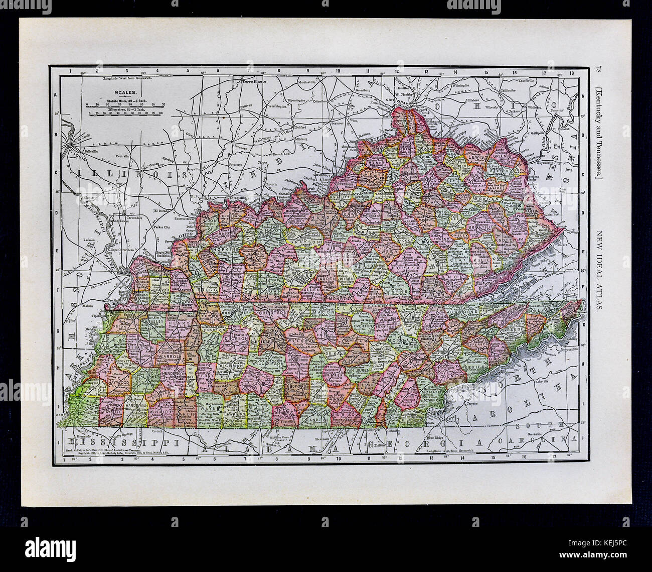 1911 McNally Map - Kentucky Tennessee Nashville Louisville Frankfort Lexington Memphis Stock Photo