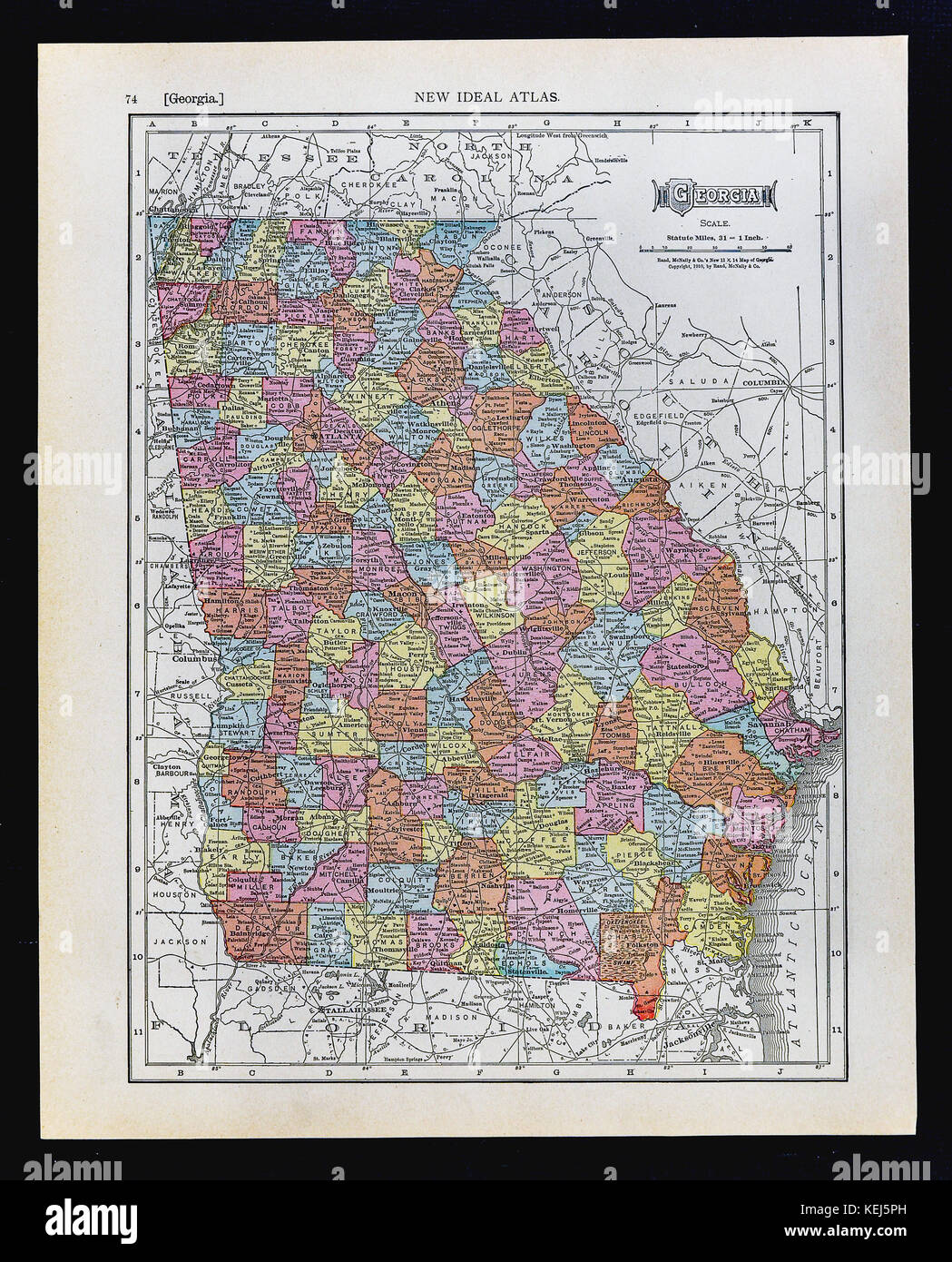 1911 McNally Map - Georgia - Atlanta Athens Columbus Augustus Stock Photo