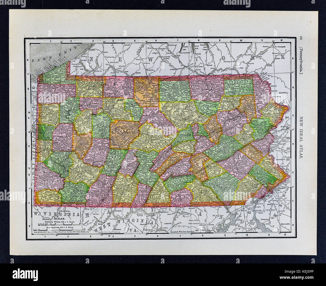 1911 McNally Map - Pennsylvania - Philadelphia Pittsburgh Harrisburg Erie Allentown Stock Photo