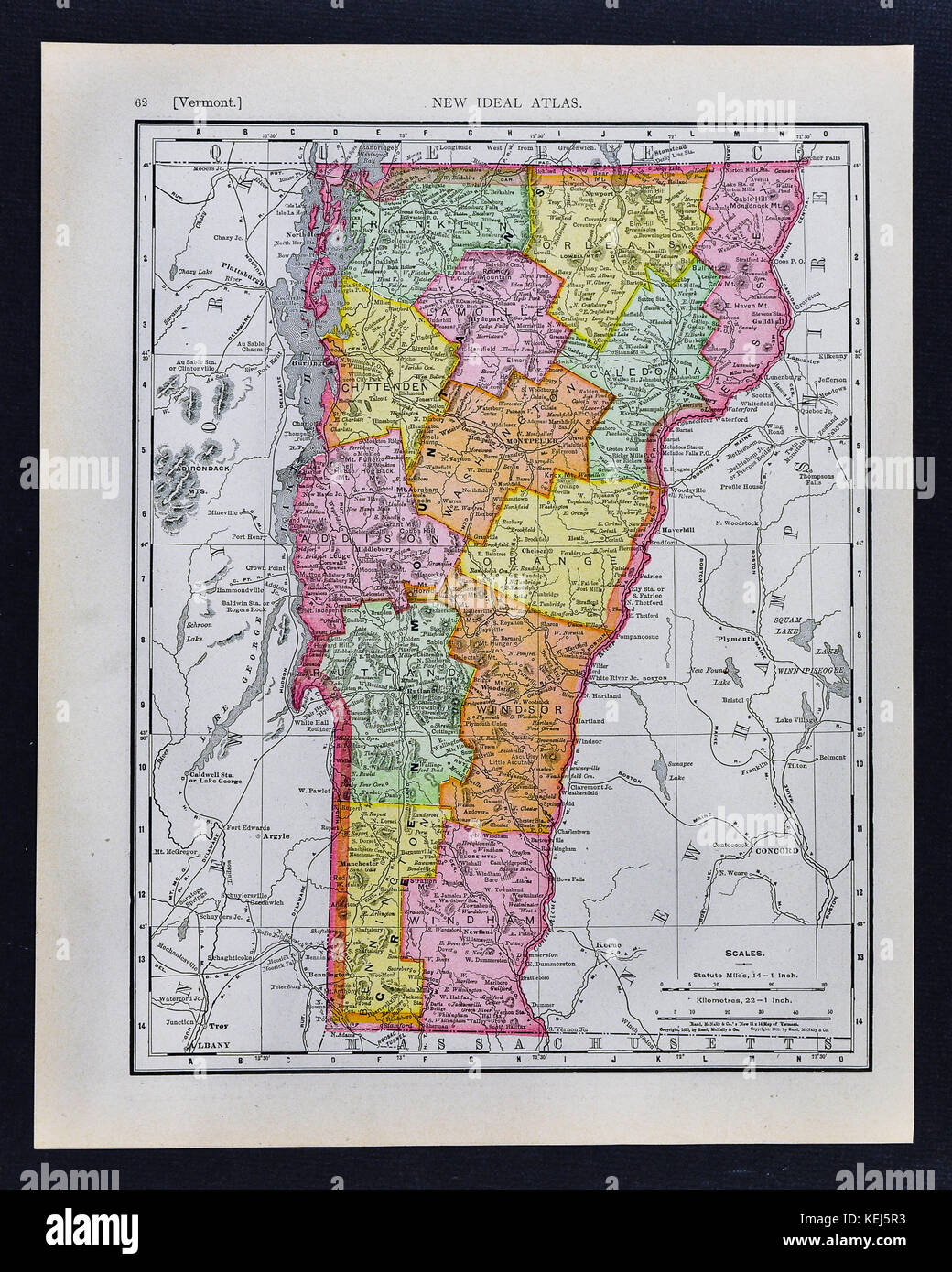 1911 McNally Map - Vermont - Montpelier Rutland Woodstock Lake Champlain Stock Photo