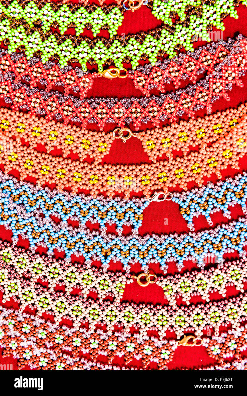 Closeup of beaded necklaces or bracelets made with traditional