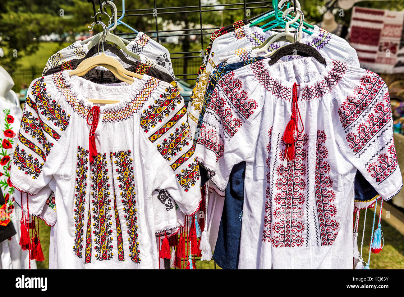 Display of embroidered Ukrainian slavic women traditional shirts
