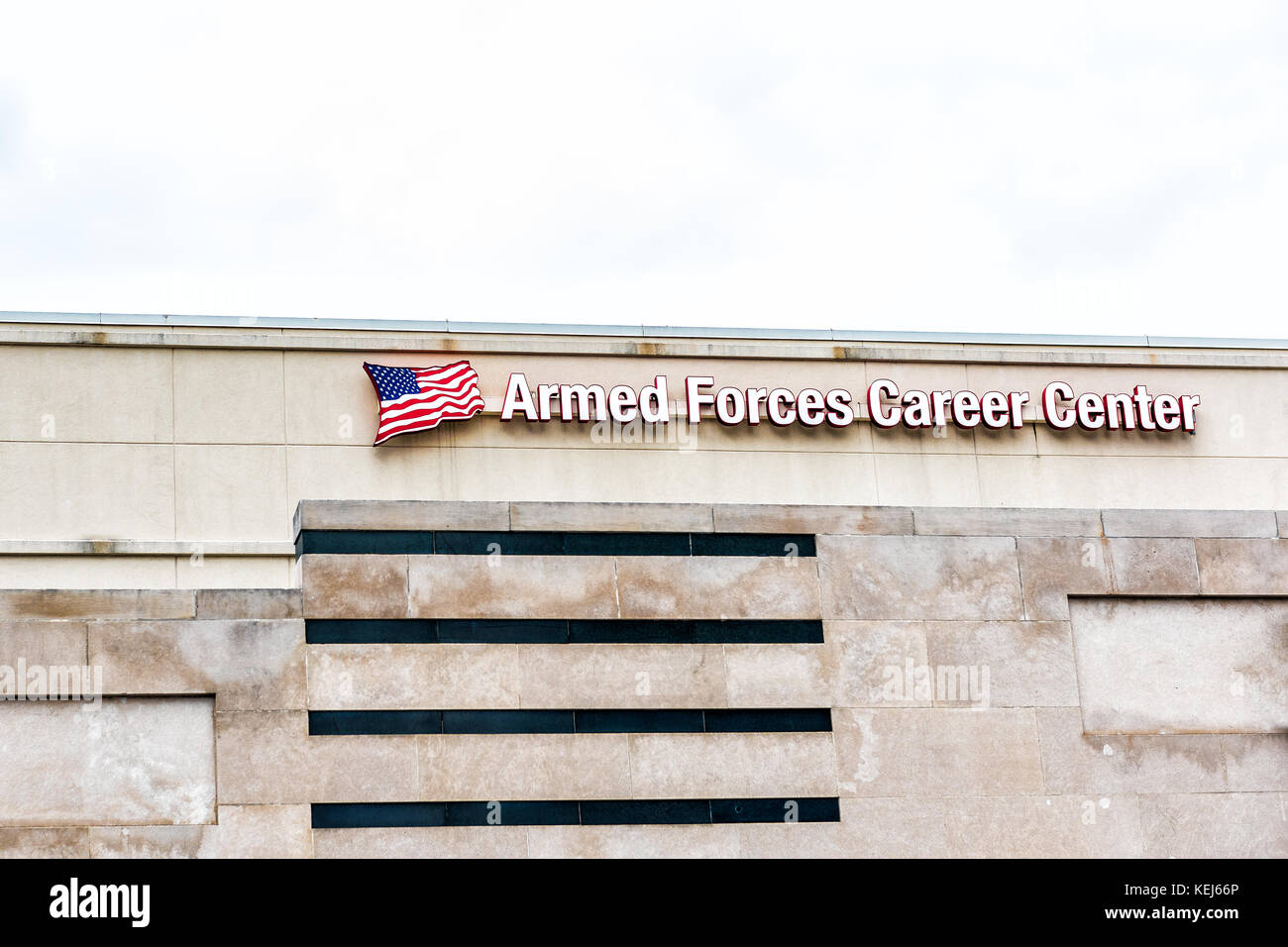 Silver Spring, USA - September 16, 2017: Downtown area of city in Maryland with closeup of Armed Forces Career center sign Stock Photo