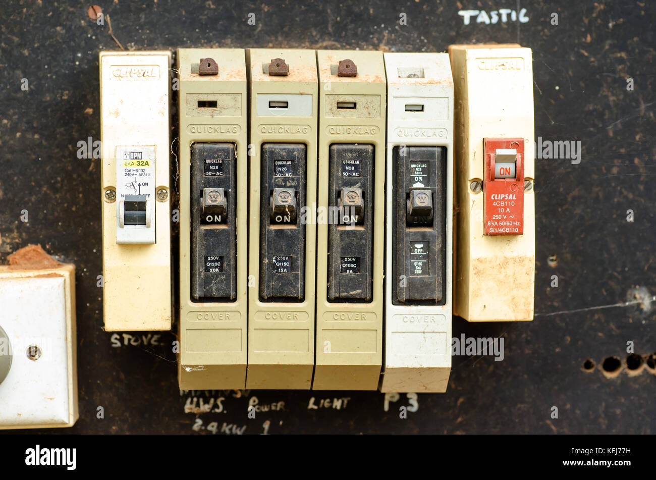 Old meter box circuit breakers for domestic electricity supply. Stock Photo