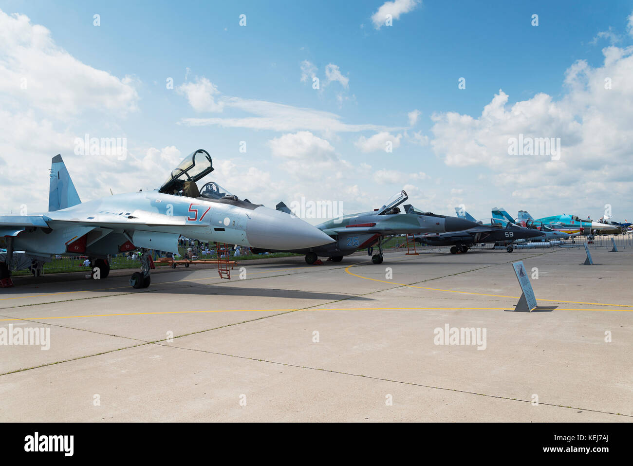 Russian military fighter aircraft at the international exhibition in Zhukovsky. Stock Photo