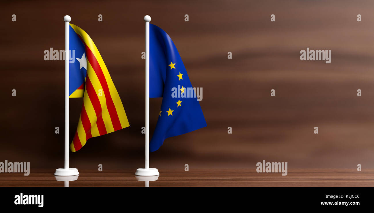 Catalonia and European Union relations. Catalonia and European Union miniature flags, wooden background. 3d illustration Stock Photo
