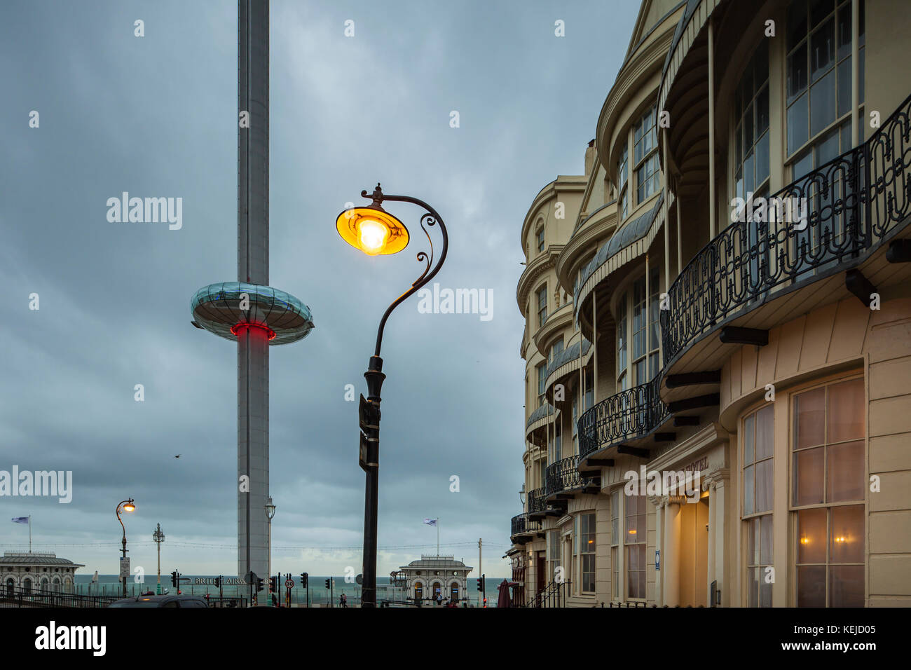 Night falls at Regency Square on Brighton seafront, East Sussex