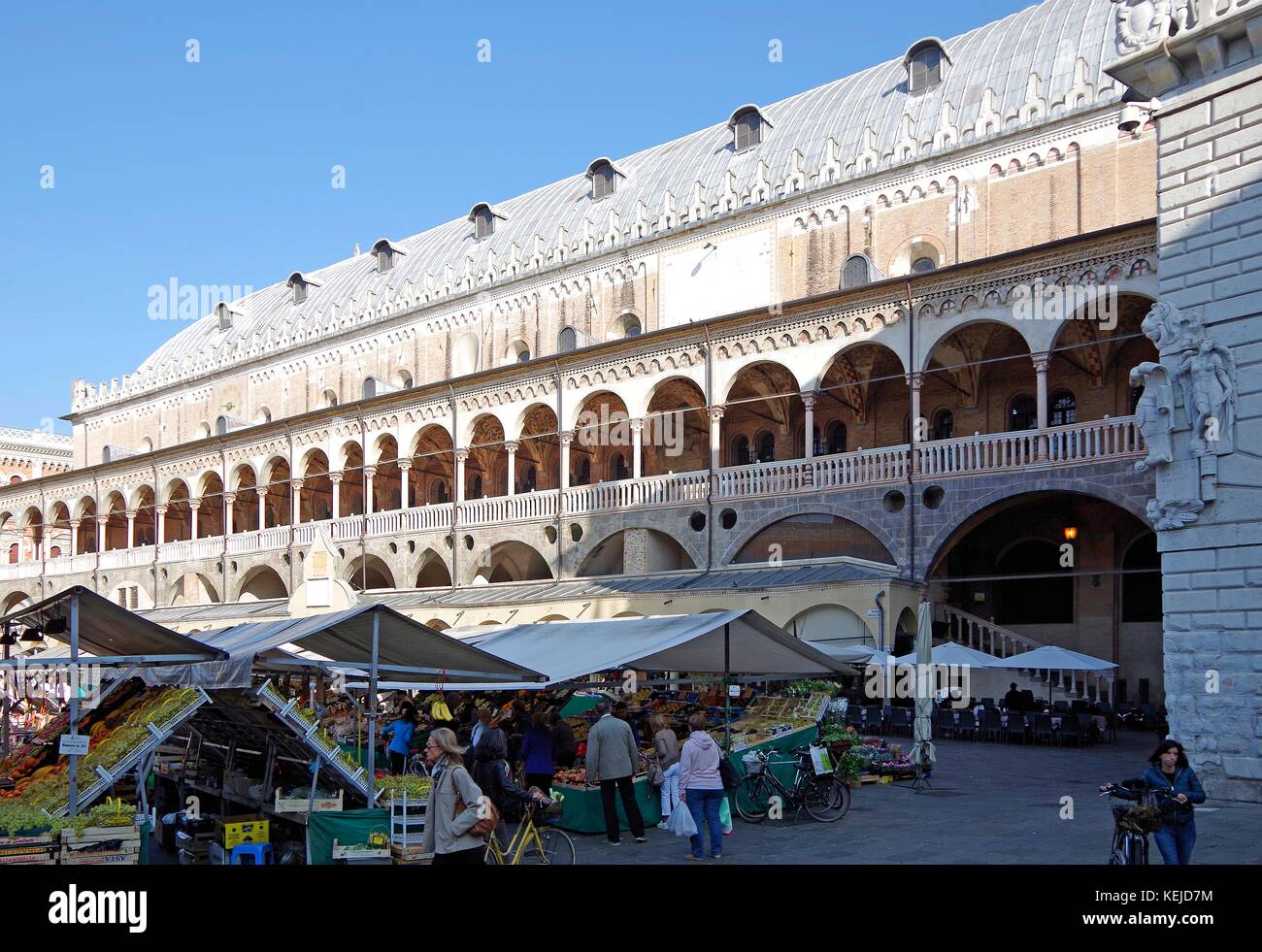 Palazzo della Ragione, medieval seat of government & commerce,  flower market on one side, & herb market on the other, Stock Photo