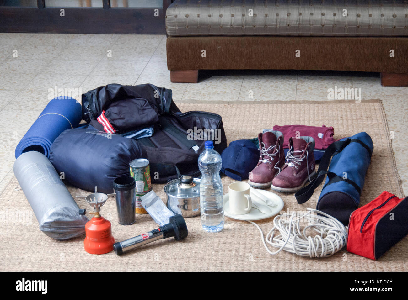 gear and equipment needed for a camping trip Stock Photo Alamy