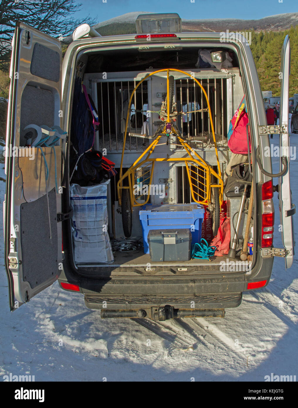 Dog Sled equipment in van at Aviemore race Stock Photo Alamy