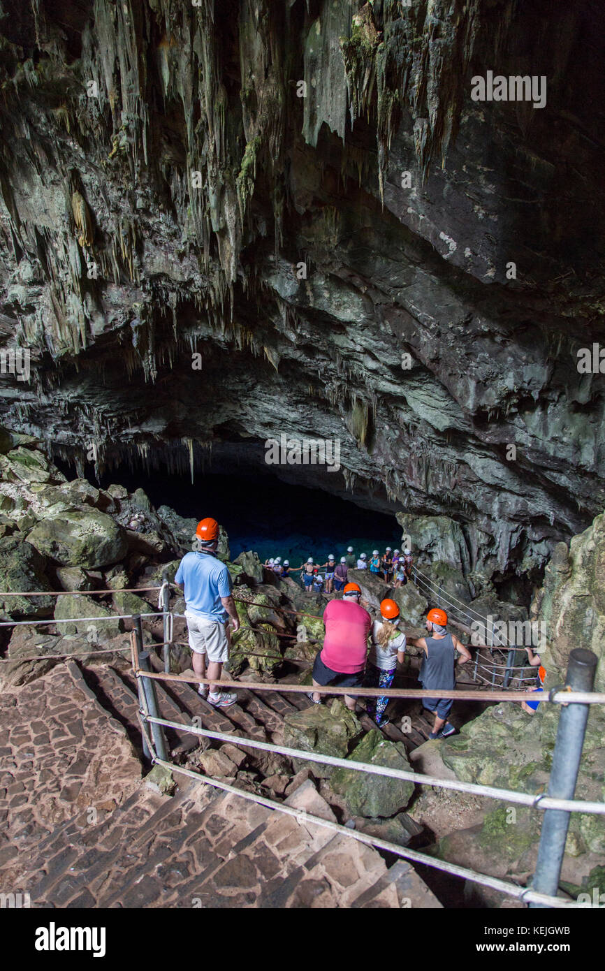 Tourists visiting the Gruta do Lago Azul [grotto of the blue lake] at Bonito - Mato Grosso do Sul, Brazil Stock Photo