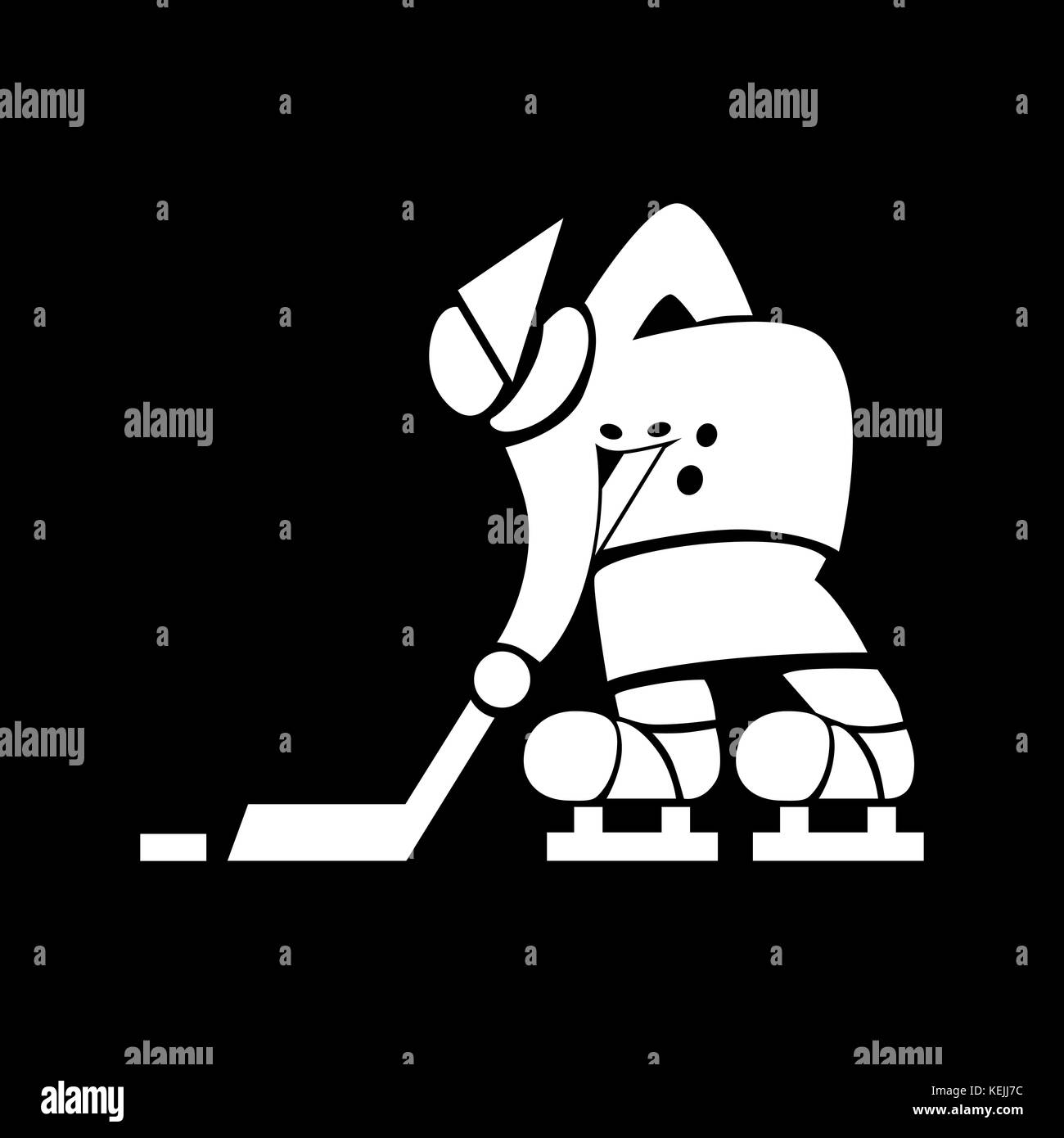 Planar vector stylized image of a hockey player, an old woman. Humorous illustration of a Russian grandmother babushka in felt boots on skates with a stick and a puck, playing hockey. Stock Vector