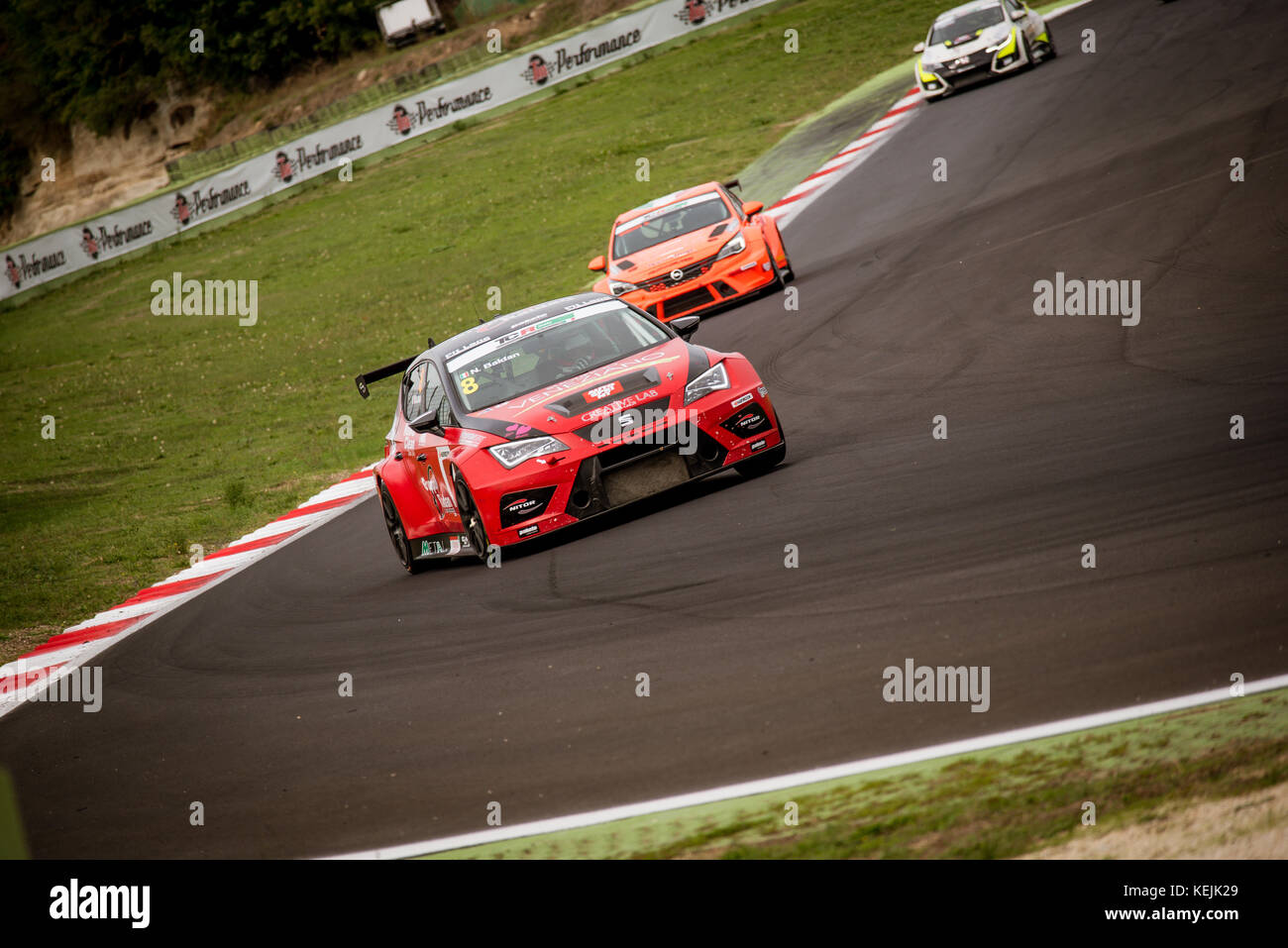 Vallelunga, Italy september 24 2017. Touring Seat Leon racing car in action on track with other cars in background during the race Stock Photo