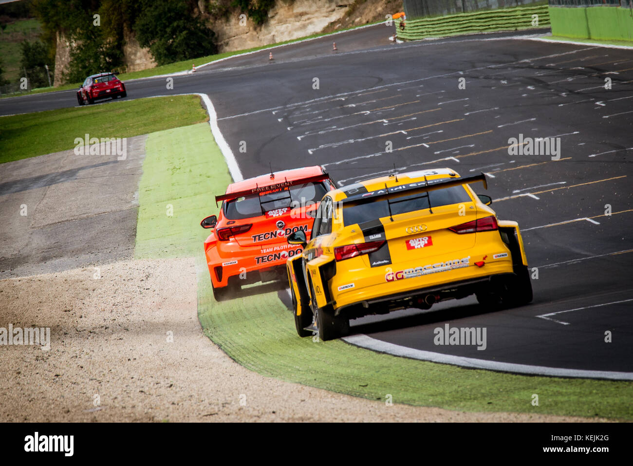 Vallelunga, Italy september 24 2017. Touring Audi rs3 and Opel Astra racing car in action on track during the race, back view exiting turn Stock Photo