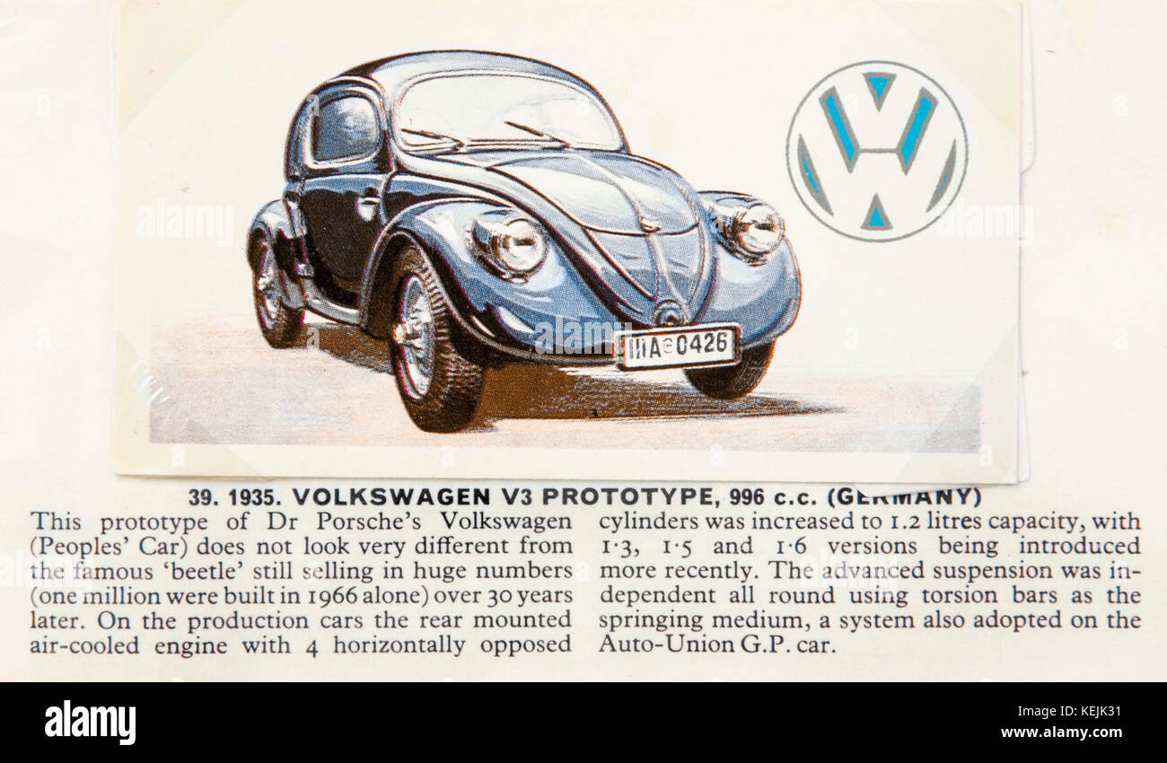 1935 Volkswagen V3 Prototype 996cc 'Beetle' (The People's Car), as depicted in 'History of the Motor Car' by Brooke Bond Picture Cards in 1968 Stock Photo