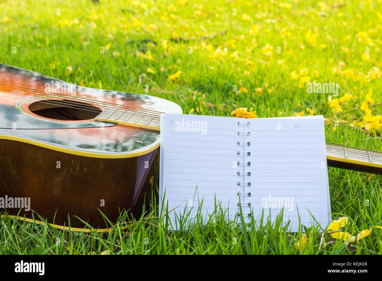 Paper for writing songs with a guitar on the lawn background Stock ...