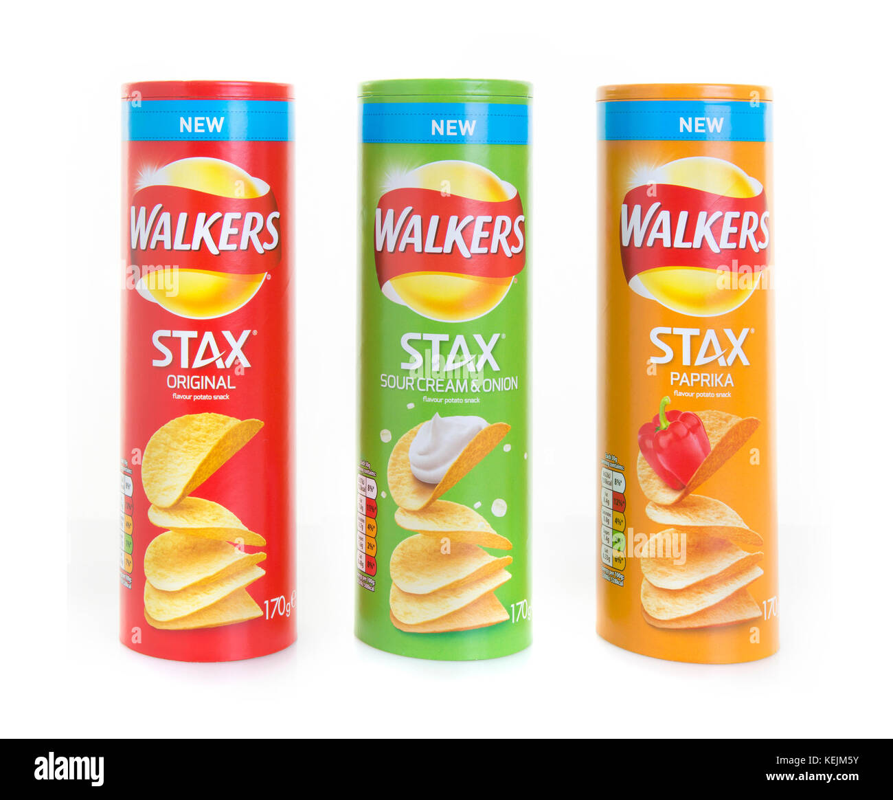 SWINDON, UK - OCTOBER 21, 2017: Three Tubes of Walkers STAX Potato Snacks on a white background Stock Photo
