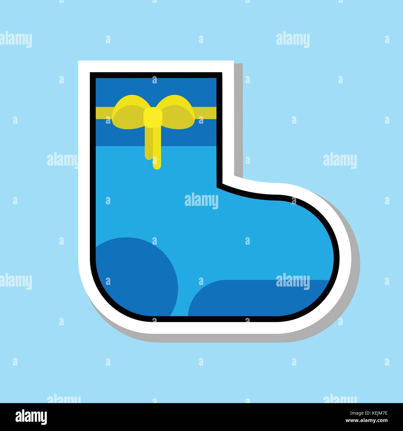 Christmas Sock With Yellow Ribbon Icon Isolated Over Blue Background Sticker Holiday Decoration Concept Stock Vector