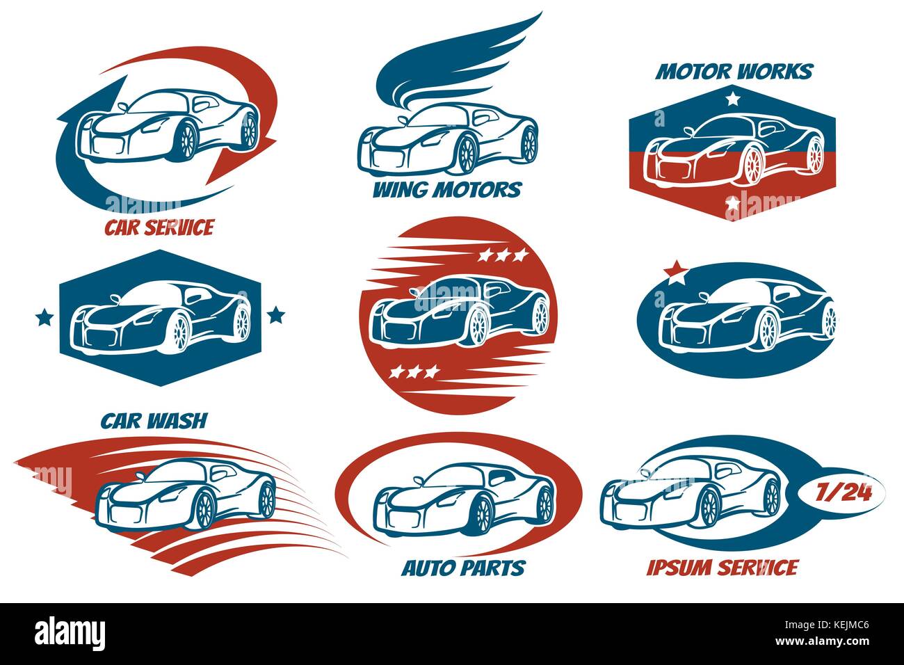 Car shop and service or automobile workshop emblem set. Design elements for your company. Vector illustration. Stock Vector