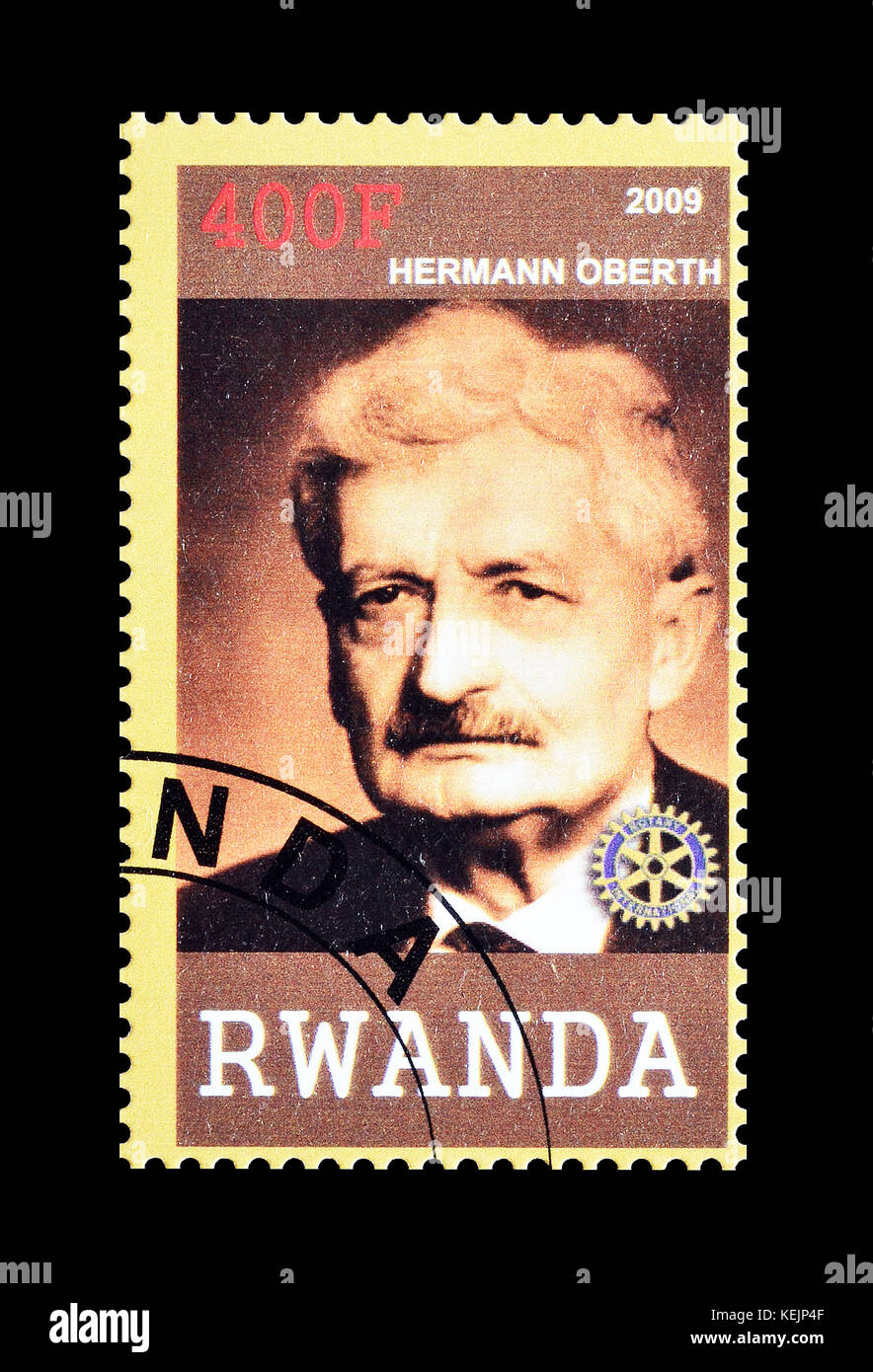 Cancelled postage stamp printed by Rwanda, that shows Hermann Oberth. Stock Photo