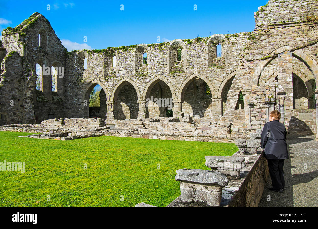 Ruins of Jerpoint Abbey,Kilkenny, Ireland, a medieval Cistercian Abbey, destroyed at the Dissolution of the monasteries under Henry the Eight Stock Photo