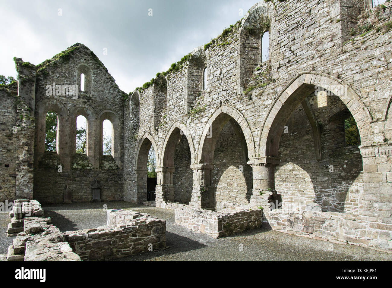 Ruins of Jerpoint Abbey,Kilkenny, Ireland, a medieval Cistercian Abbey, destroyed at the Dissolution of the monasteries under Henry the Eight Stock Photo