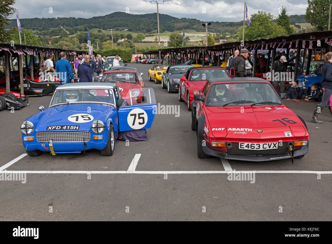 Line up of Sports Cars including a Fiat X1/9 and an MG Midget at the 2017 Autumn Speed Finale at Shelsley Walsh Hill Climb, Worcestershire, England. Stock Photo