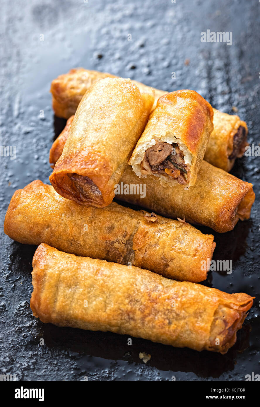 Crisp duck spring rolls. Filled with oriental vegetables, duck and