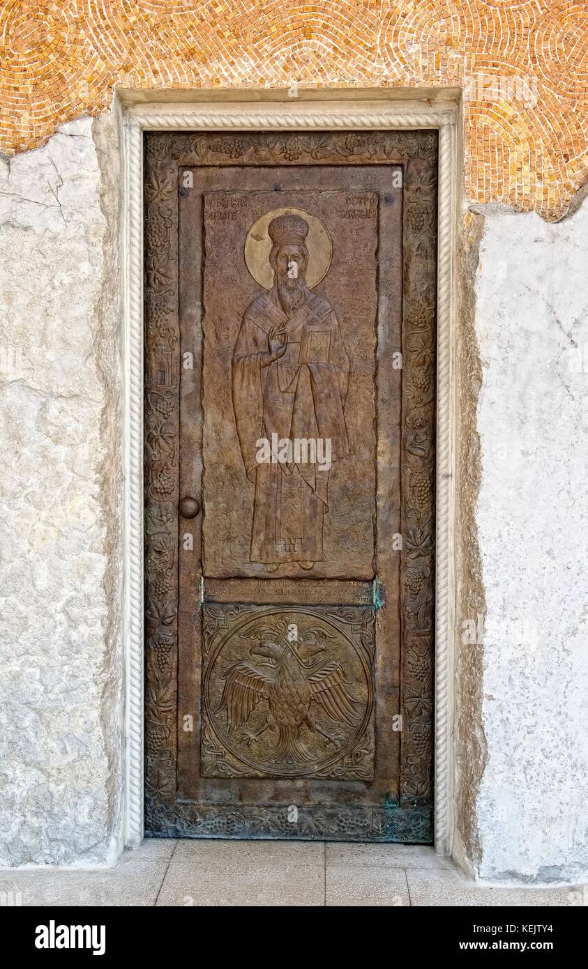 Montenegro, Podgorica, elements of decor and architecture of the Cathedral of the Resurrection of Christ, a door with the image of S Stock Photo