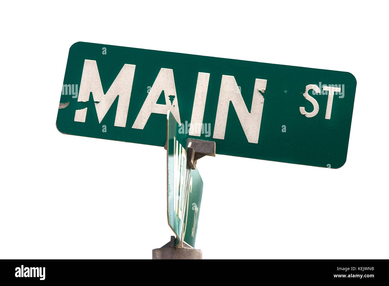 Hard times on Main Street sign. Roughed up MAIN STREET sign. Bent. Peeling paint. Isolated. Stock Photo
