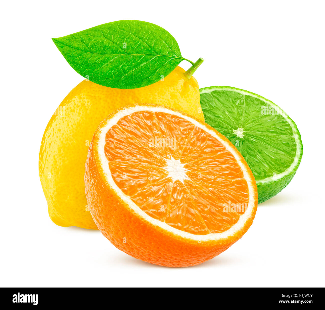 Isolated citrus fruits. Lemon, lime, and orange isolated on white background Stock Photo