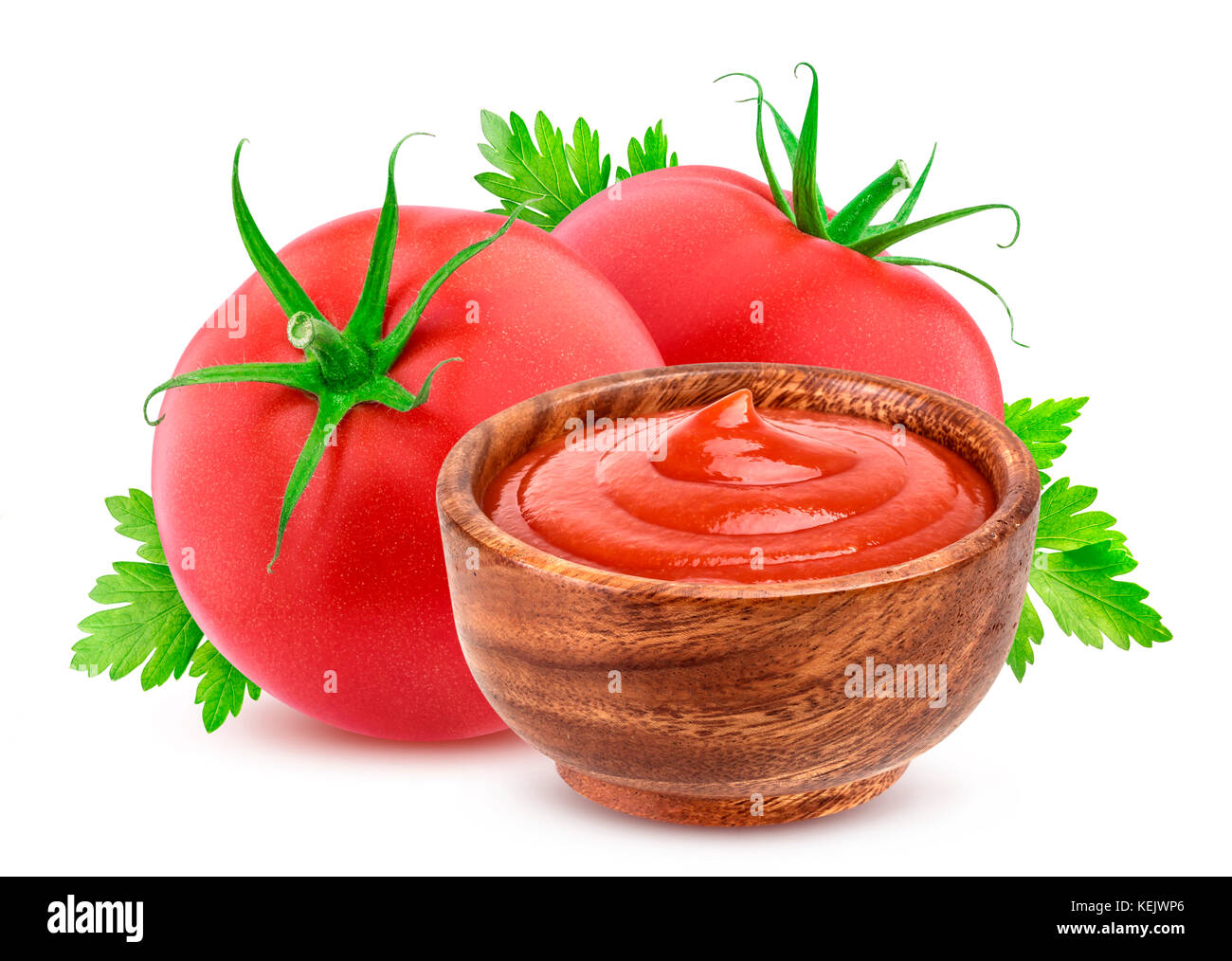 Ketchup in bowl and tomatoes isolated on white Stock Photo