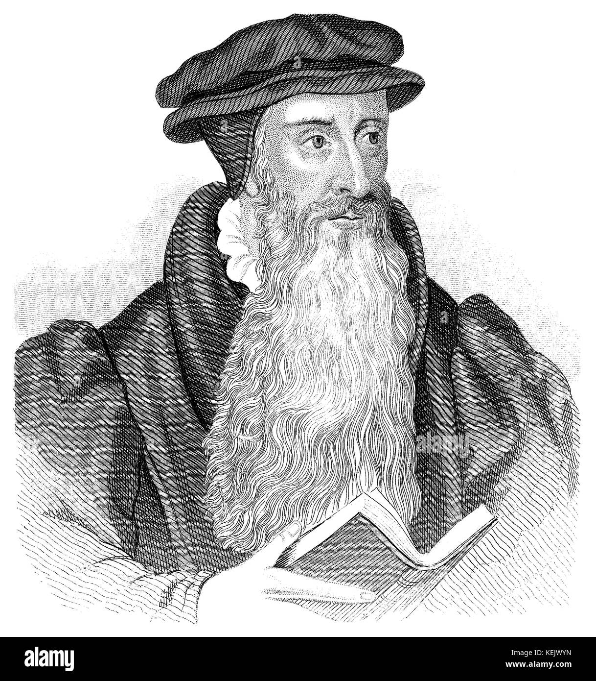 1853 engraving of the theologian, and founder of the Presbyterian Church of Scotland, John Knox. Stock Photo