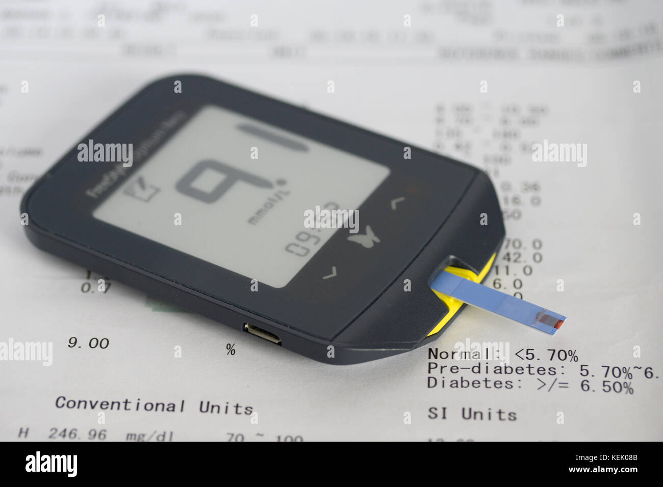 Diabetes Blood Meter indicating test result Stock Photo Alamy