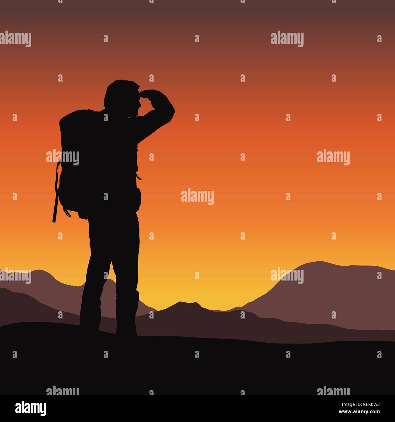 Vector illustration of a tourist with a backpack looking in the distance in a mountain landscape under an orange sky in the morning sunrise Stock Vector