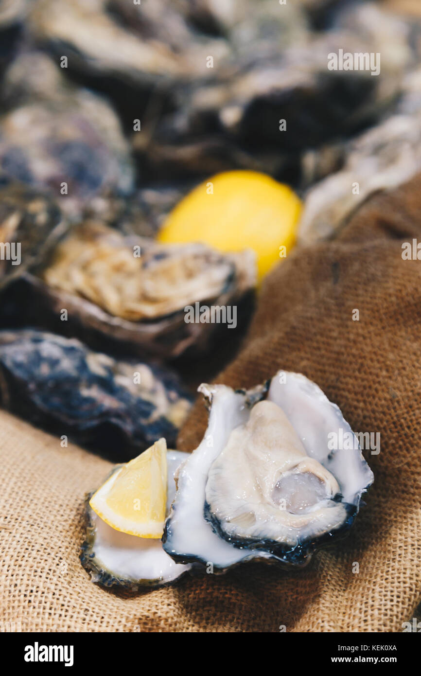 fresh oysters in shell and piece of lemon ready to serve on the cloth