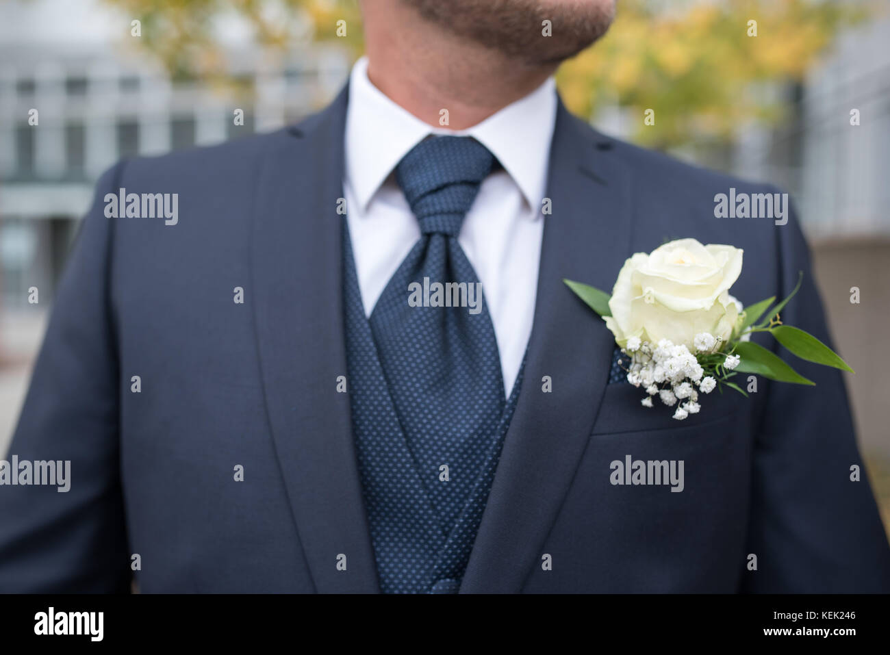 Symbolisch, Symbolbild Bräutigam, Groom. Blauer Anzug, blaue Krawatte, weißes Hemd, blaue Weste, Boutonniere, Ansteckblume für den Bräutigam . ,  (Pho Stock Photo