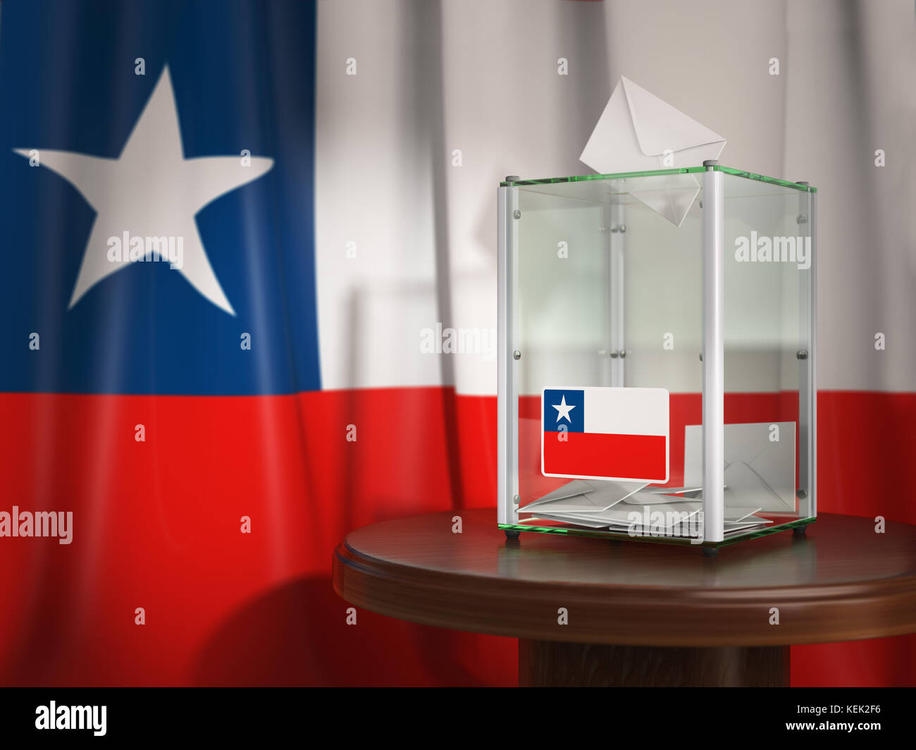 Ballot box with flag of Chile and voting papers. Chilean presidential or parliamentary election . 3d illustration Stock Photo