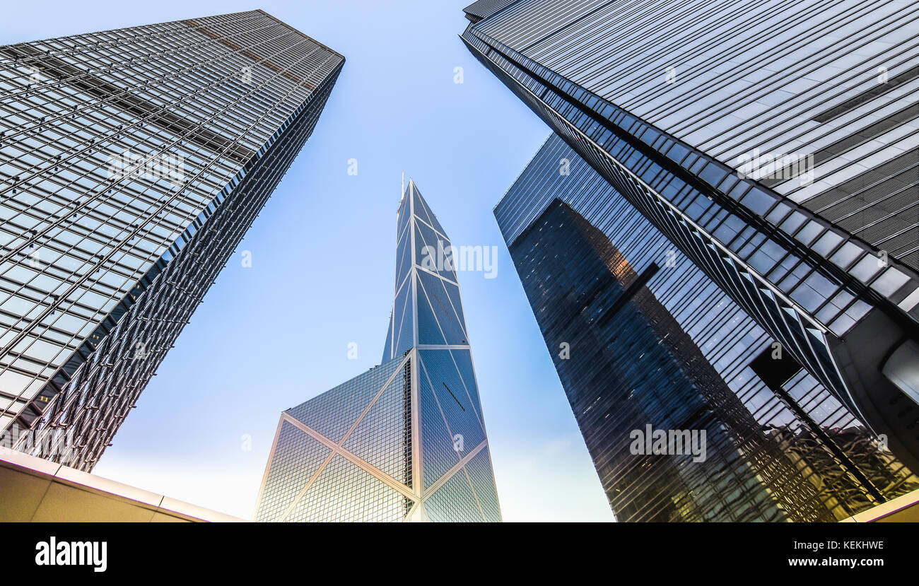 Bottom view of modern skyscrapers in business district. Stock Photo