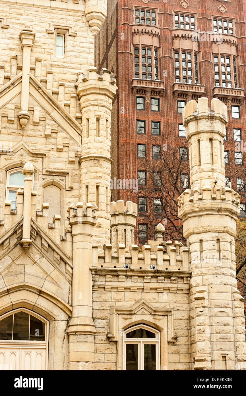 Historic Chicago Water Tower detail on North Michigan Avenue, Magnificent Mile shopping district, Chicago, Illinois, United States of America. Stock Photo