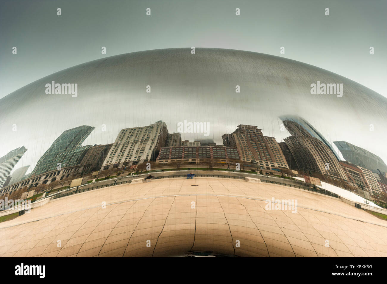 Chicago downtown buildings reflected on Cloud Gate, sculpture by Anish