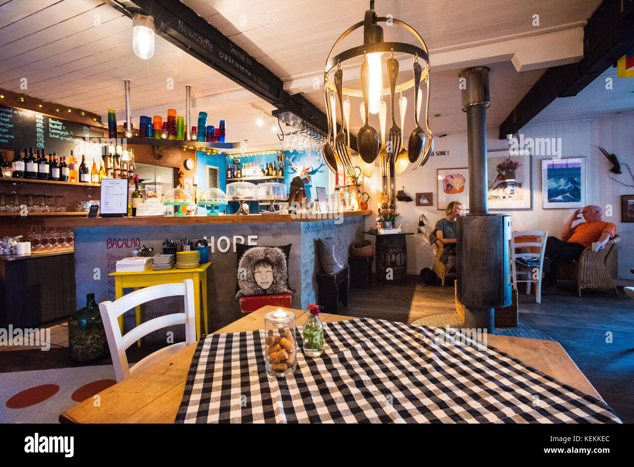 The inside of a cafe and restaurant Klatrekafeen in Henningsvaer, Lofoten, Norway Stock Photo