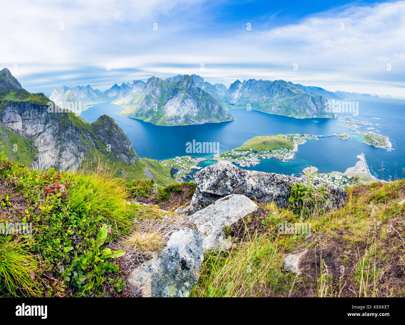 A panorama view of the fishing village of Reine and Lofoten Islands from Reinebringen in Norway Stock Photo