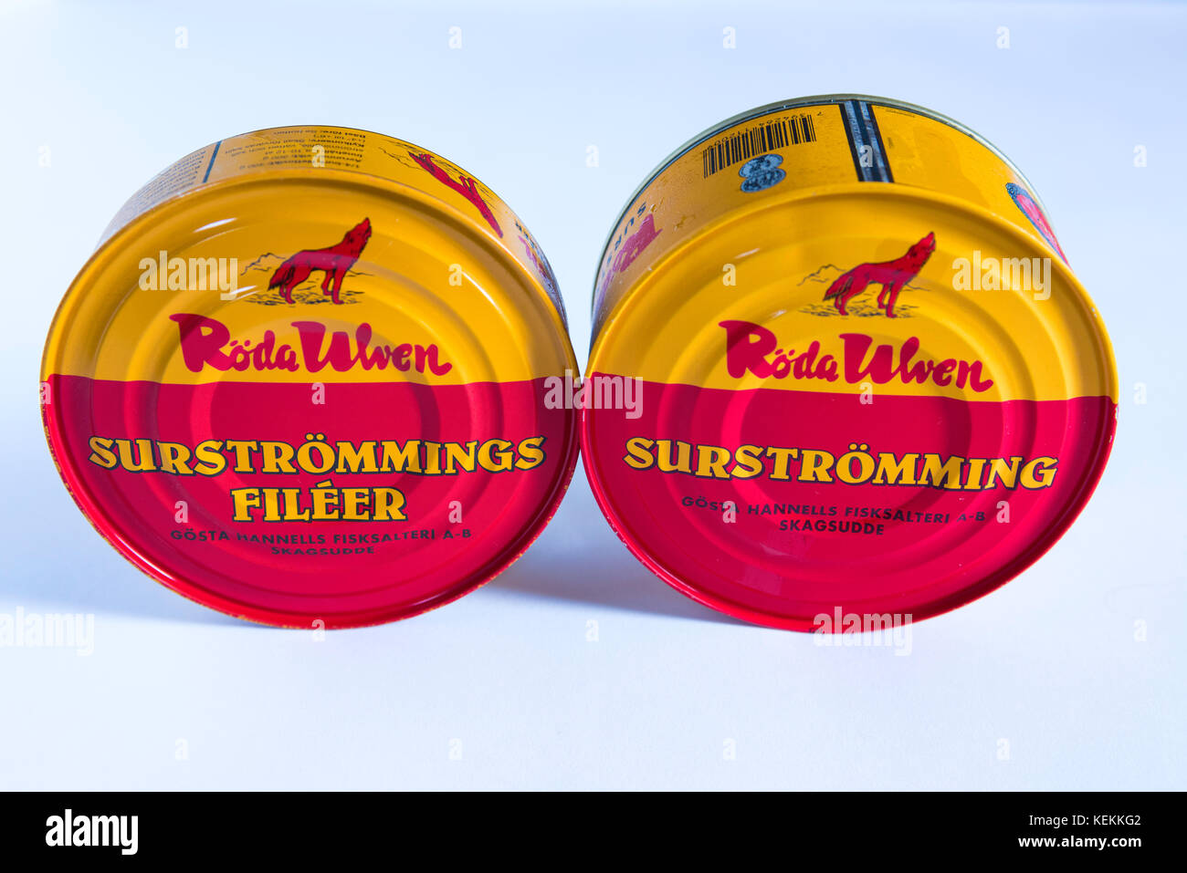 Cans of Roda Ulven surstomming. Considered by many to be the world's smelliest food. Stock Photo
