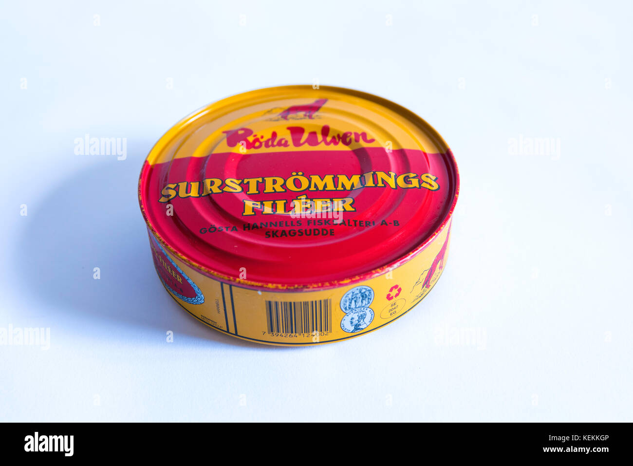 Cans of Roda Ulven surstomming. Considered by many to be the world's smelliest food. Stock Photo
