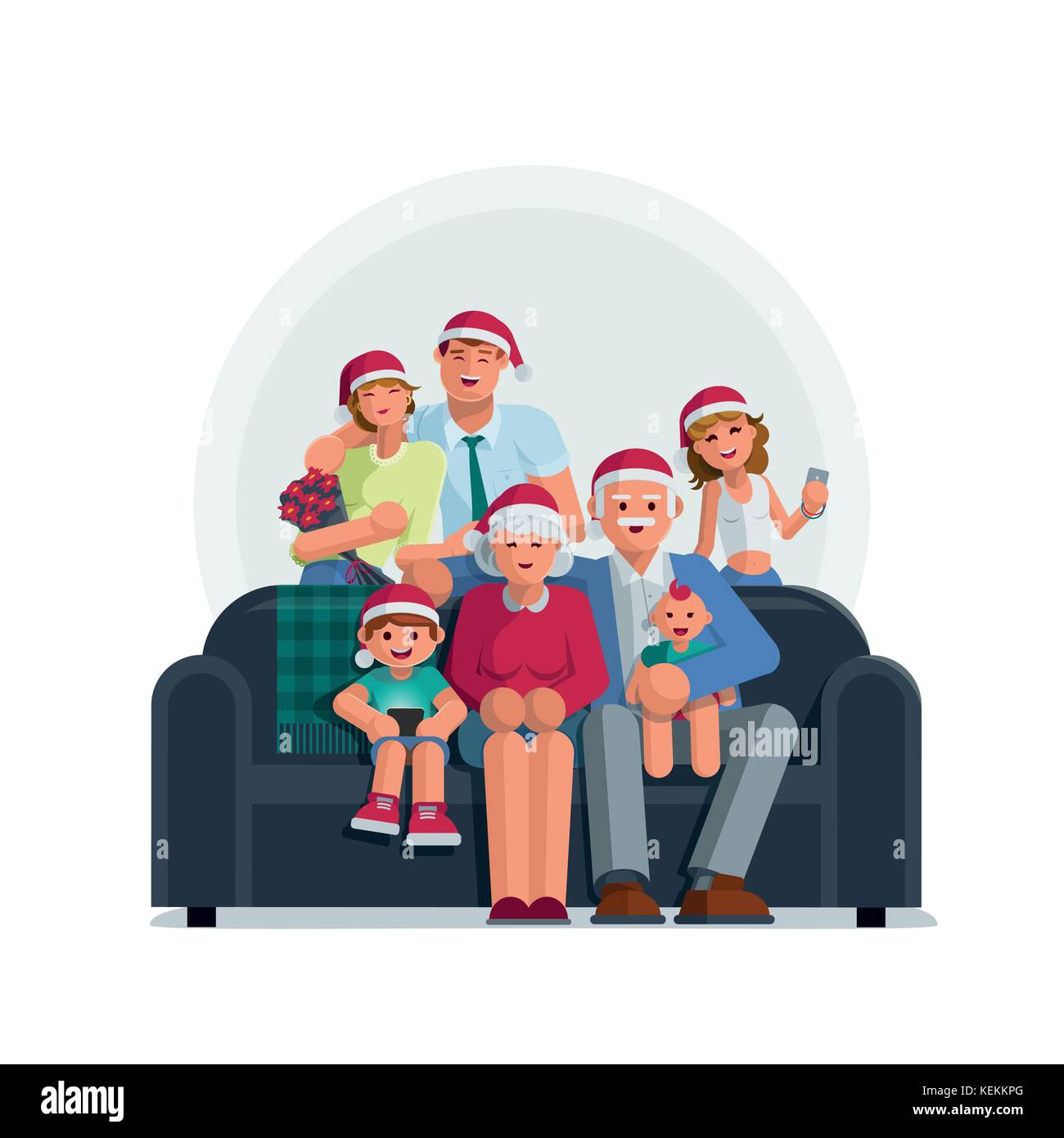 The whole family is together at Christmas. Grandmother, grandfather, mother, father son and daughter together. Elements are layered separately. Isolat Stock Vector