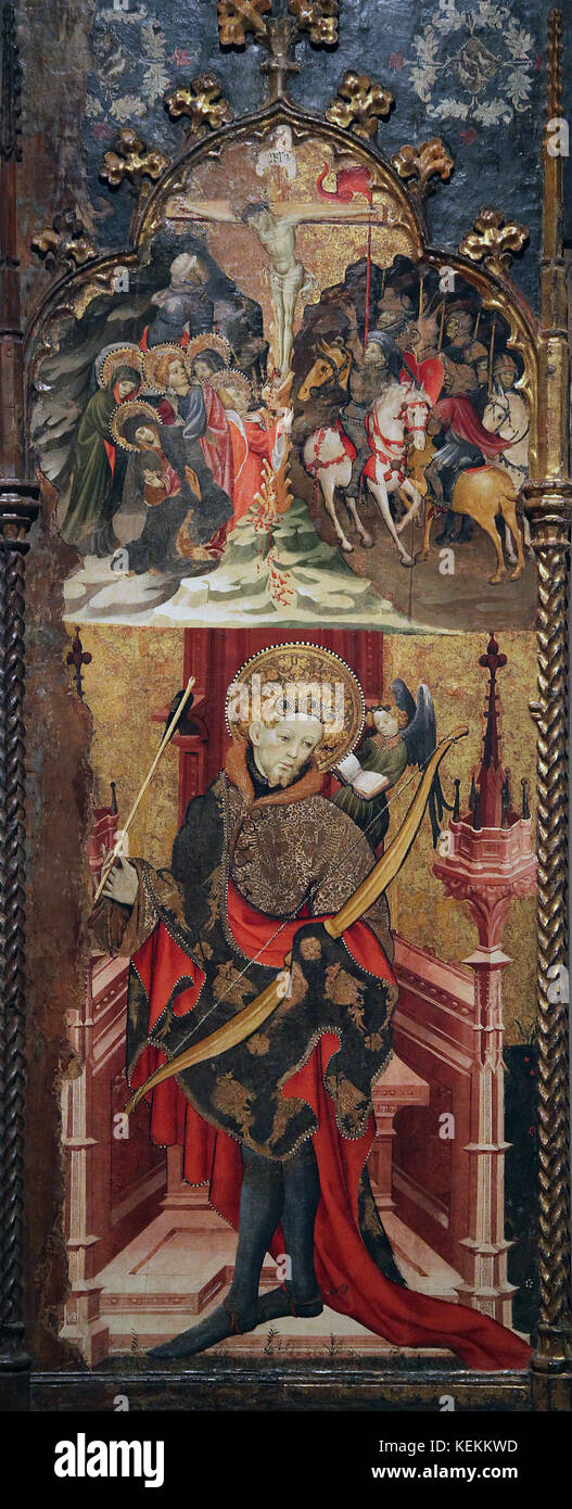 Calvary and Saint Sebastian by the Artist Joan Mates 1370-1431.gothic art style Stock Photo