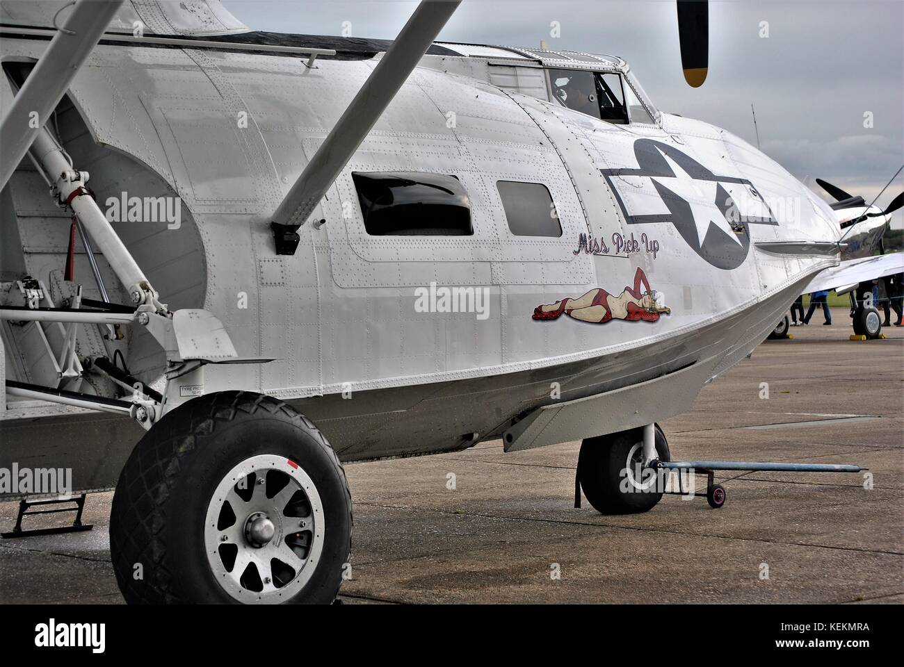 Close up of PBY Catalina miss pickup on the hard standing at Duxford airshow Stock Photo